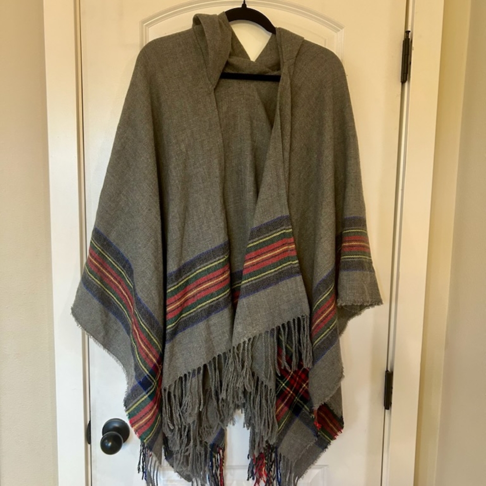 Red and Gray Cape with Fringe Accents